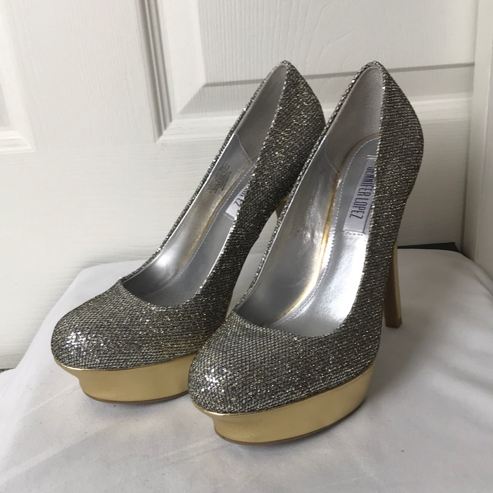 Jennifer Lopez Silver and Gold Metallic High Heels